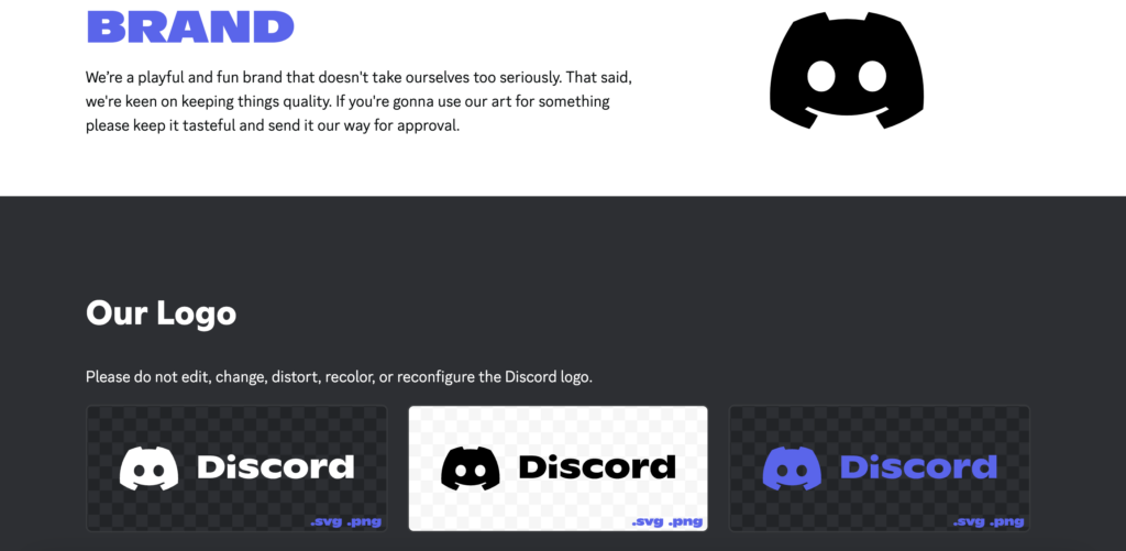 A screenshot of Discord’s brand style guide. The screenshot displays how a designer shouldn’t use Discord’s logo. 
